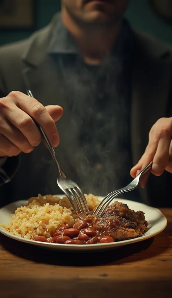 The POV shows the character sitting at a table. His hands hold a fork and knife, cutting into a plate of rice, beans, and steak. Steam rises from the food. The viewer sees the meal and the hands in action, creating an intimate, immersive moment.