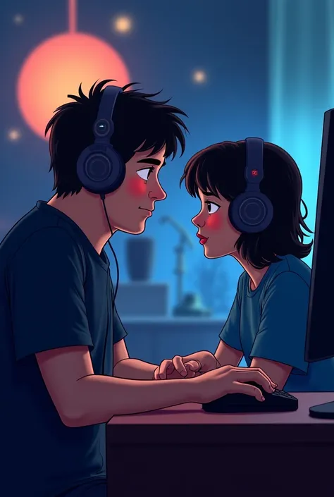 Gamer sitting at the computer is an overweight man with black hair wearing a dark blue t-shirt wearing a headset and a medium weight girl with black curly hair sitting next to him The boy's lover is looking at the boy's face while the girl is looking at th...