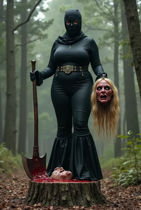 Black full face creepy balaclava curvy female. -  She wears long black mermaid bell bottom pants, huge belt, high platform heels. -  She holds the large bloody axe in the left hand. - She holds a severed head of a man in the right hand, with long, blonde h...