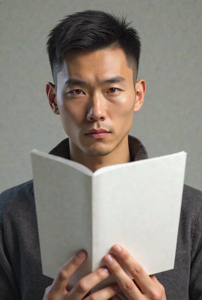 A short-haired man with realistic photo holding a white rectangular paper 