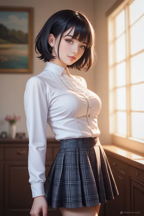 1 girl,anime ,black short choppy hair with bangs,open shoulder black long-sleeved,plaid short, make up, perfect body