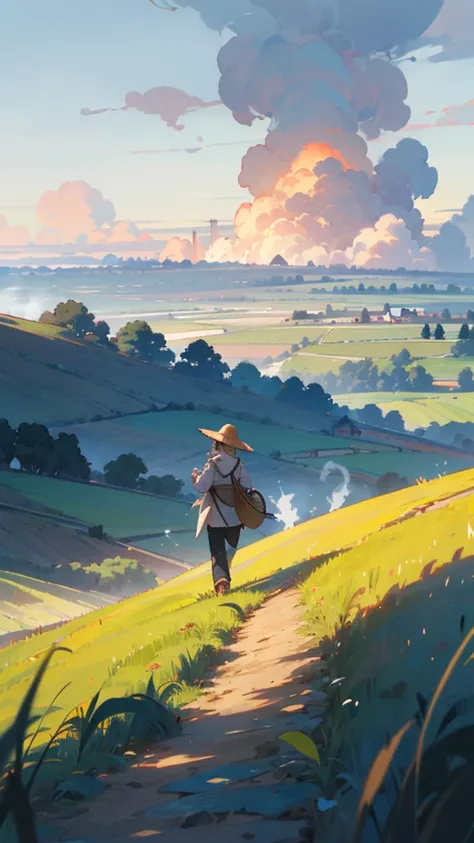 “A peaceful morning in a countryside town. The rice fields are bathed in soft golden light as the sun rises over the distant hills. Mist hovers gently above the fields, and the air is cool and crisp. A lone scarecrow stands in the middle of the field, its ...