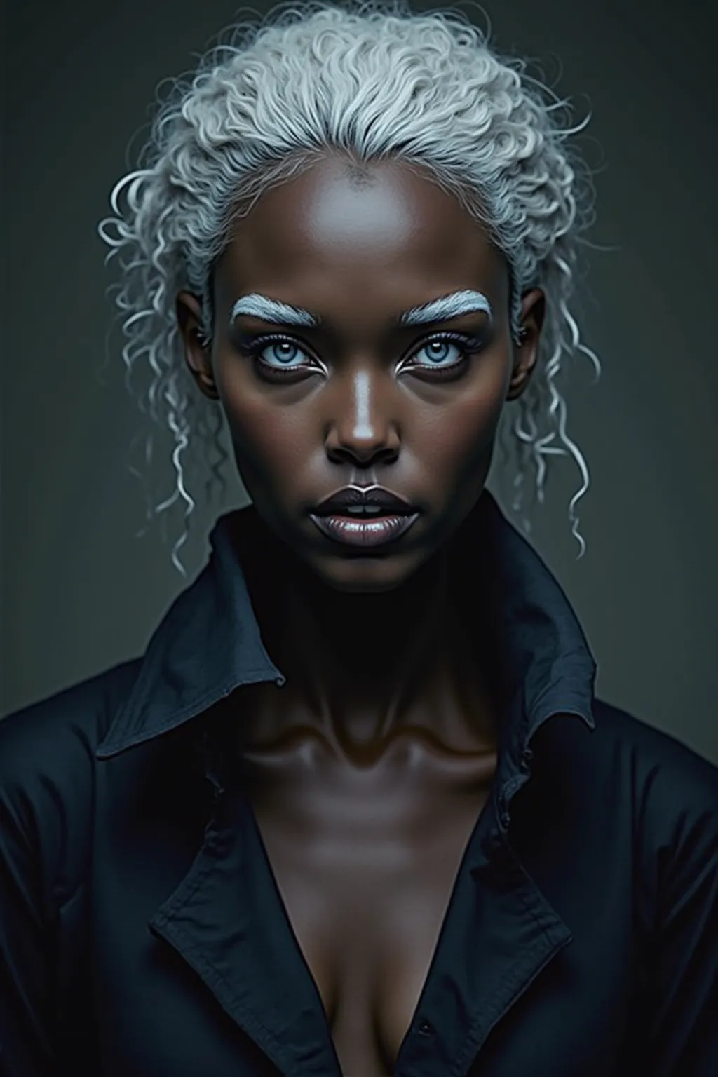 Woman, dark skin. white eyebrows. Blue eyes. Silver hair, Blue eyes, Closed Mouth, 