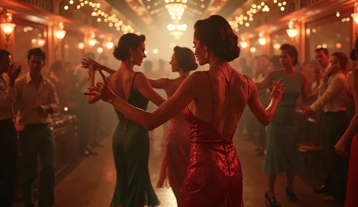 women dancing in a jazz club in new orleans, 1950, elegant flapper dresses, expressive faces, lively movements, crowded dance floor, warm lighting, vintage decor, smoke-filled atmosphere, live jazz band, professional, photorealistic, 8K, HDR, studio lighti...