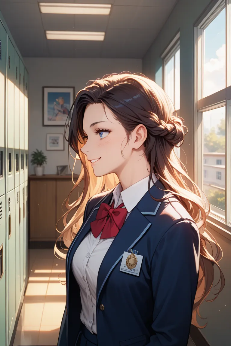 A beautiful high school girl with long flowing hair, wearing a Japanese school uniform, standing near a window with soft light coming through. She looks slightly shy but curious, gazing at a handsome male student with sharp features, a confident expression...