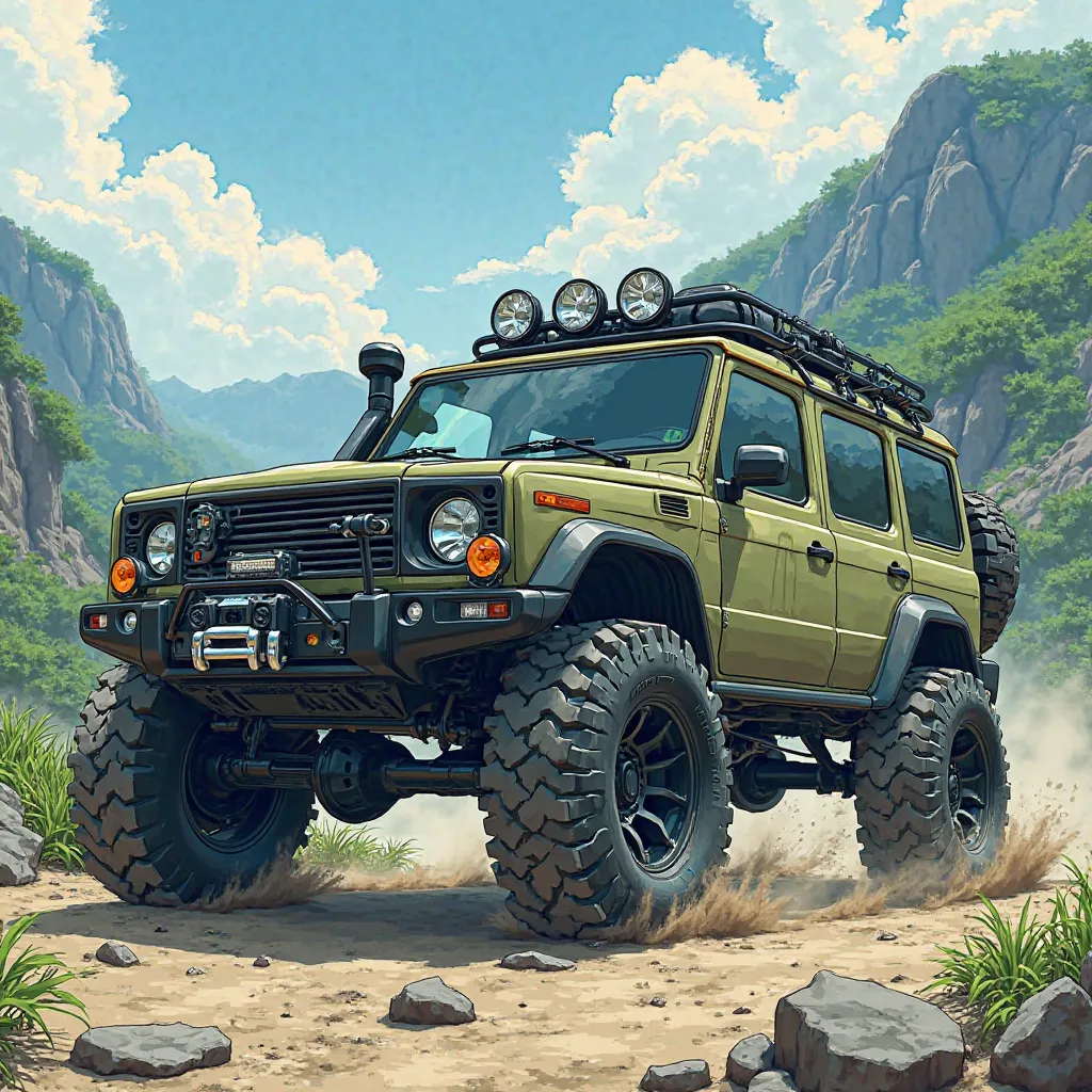 4wd car icon。anime style。The color is khaki or dark green。