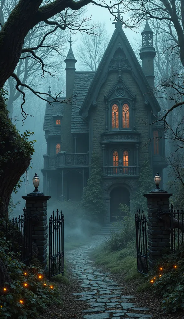 Create a captivating illustration of a dark, foreboding manor nestled deep within a sinister forest. The manor, constructed from aged, blackened stone with twisted iron accents and a steep, shadowy roof, looms ominously among the gnarled trees. The forest ...