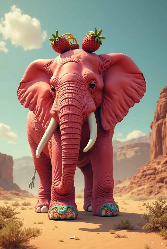 A strawberry elephant with sandals in the middle of the desert