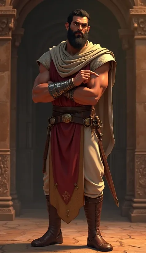 a very clear Ultra HD hyper realistic pixar image of  A close-up of Saleem (the elder brother, tall and strong, wearing warrior-style clothing, with a sword at his side and a determined expression, stroking his chin in deep thought, eyes narrowing as he po...