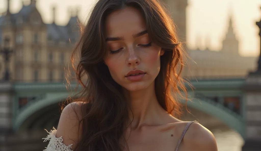 in London,in the morning,cute woman ,Busts that are visible up to the bust here are large.closing her eyes,27years old, a portrait by Wayne England, trending on cg society, arabesque,  portrait sophie mudd, gorgeous woman, photo of the beauty gal gadot, po...