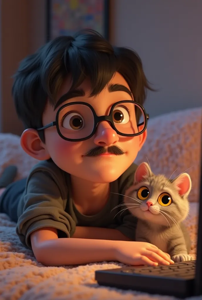 3d animation pixar style, 20 year old boy, fair skinned, wearing square glasses, with a goatee on his chin, thin mustache, lying in his room watching series on the computer, along with a gray kitten with yellow eyes