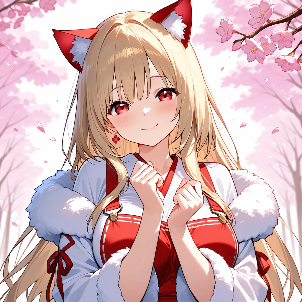 （ Masterpiece、 high quality)、「and live in a fantasy world、draw a cute shrine maiden with cat ears。she wears an elegant Japanese-style shrine maiden costume、feature traditional shades of white and red。Cats have soft、fluffy coat、There are small spirits flyin...