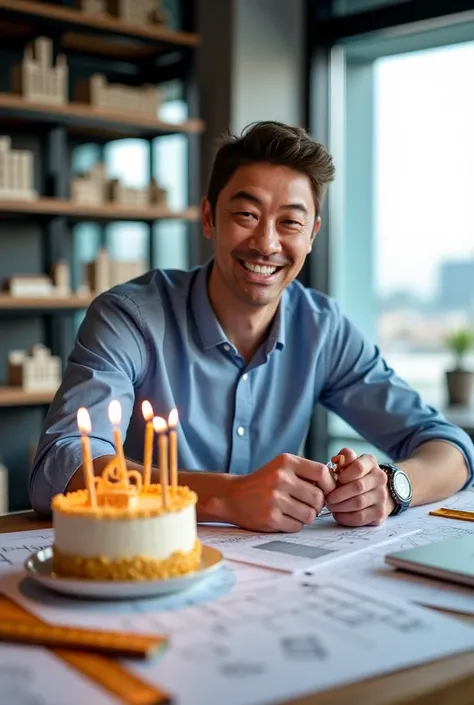 **Brief description:**

 A Man, based on the face sent, as a **architect notebook in your office**, celebrating your **birthday**. He is on a work table filled with architectural plans, sketches and a. next to, um bolo de birthday decorado com velas acesas...