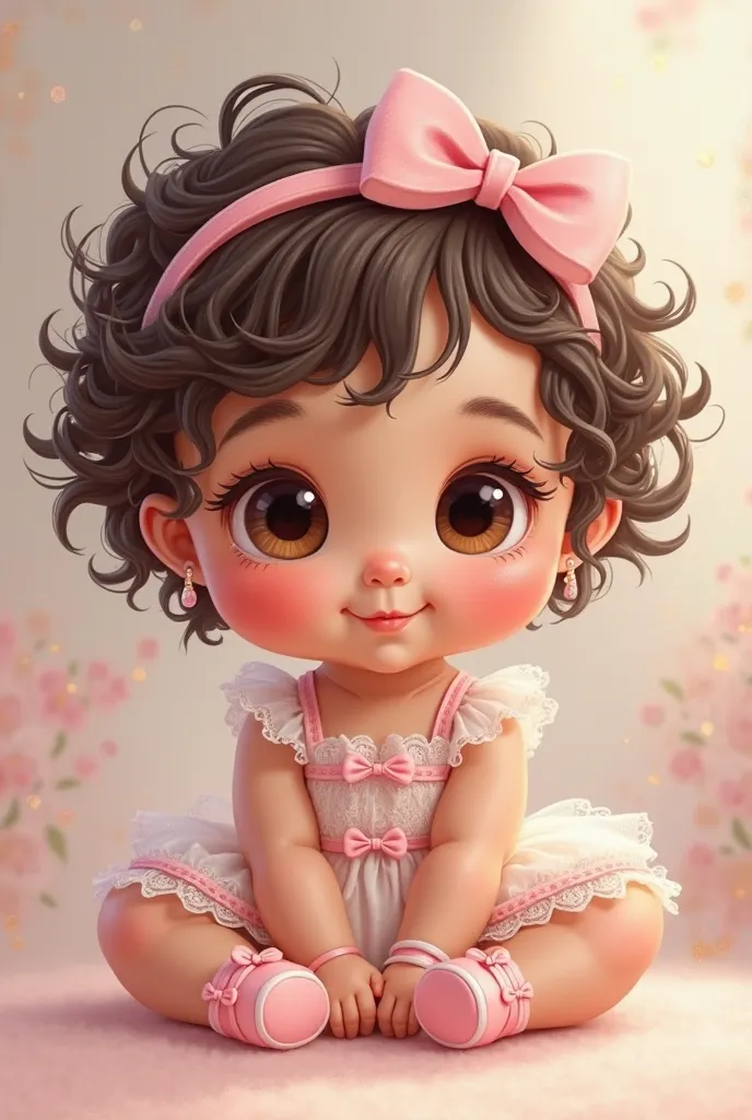 "An adorable baby with big shiny dark brown eyes and soft skin, Calara with a warm tone, designed in a cute and semi-realistic style, keeping the trace of a drawing done by hand with colored pencils She has dark brown hair,  Curly and bulky , adorned with ...