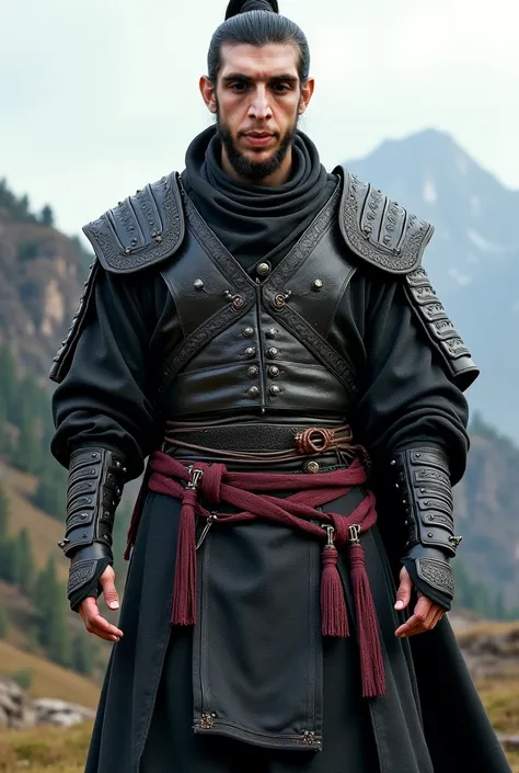 Man wearing traditional clothing and black leather armor