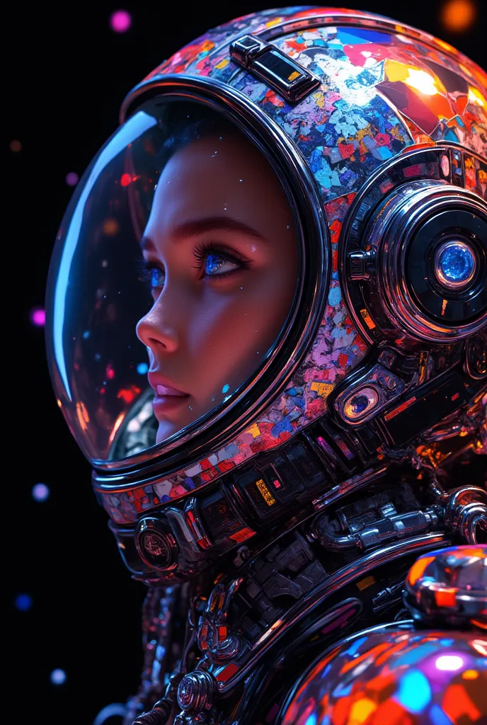 Space helmet close with an eye floating through the black void, partial planet view far as background, helmet close of reflective surfaces cracked of broken glass visor and flowing an glimmering spectre to outside, full of colored stickers costumes.