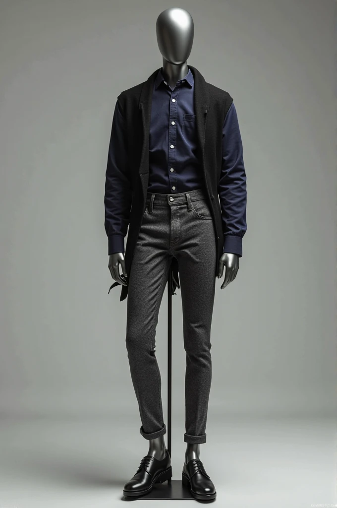 Create the image of a mannequin wearing, a slim dark mottled gray fabric pants, cinturon negro,  black shoes, dark blue shirt with white buttons, Wear a black sweater over the shirt 