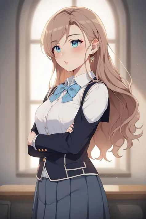  Yankee Anime Girl Beautiful Face Grey-Brown Hair Small Breasted Long Hair In School Uniform Pierced In Two Ears