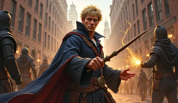 a male wizard with short blonde hair casting magic with a small magic wand in his hand. he was alone against many wizards. Set in 18th century New York