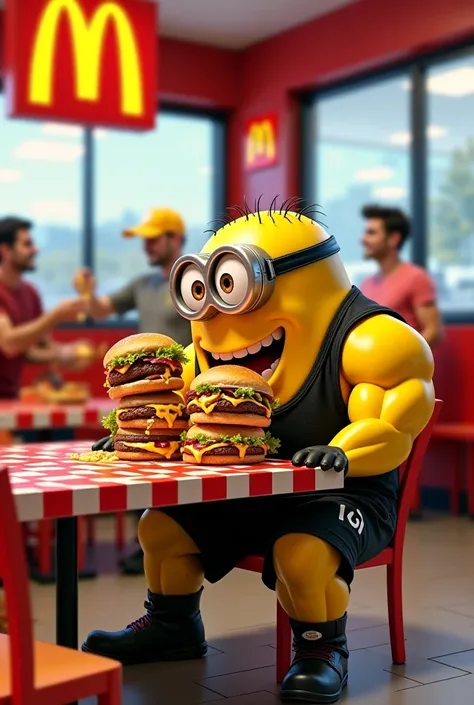 Minion jock sits at McDonald's eating very fat burgers