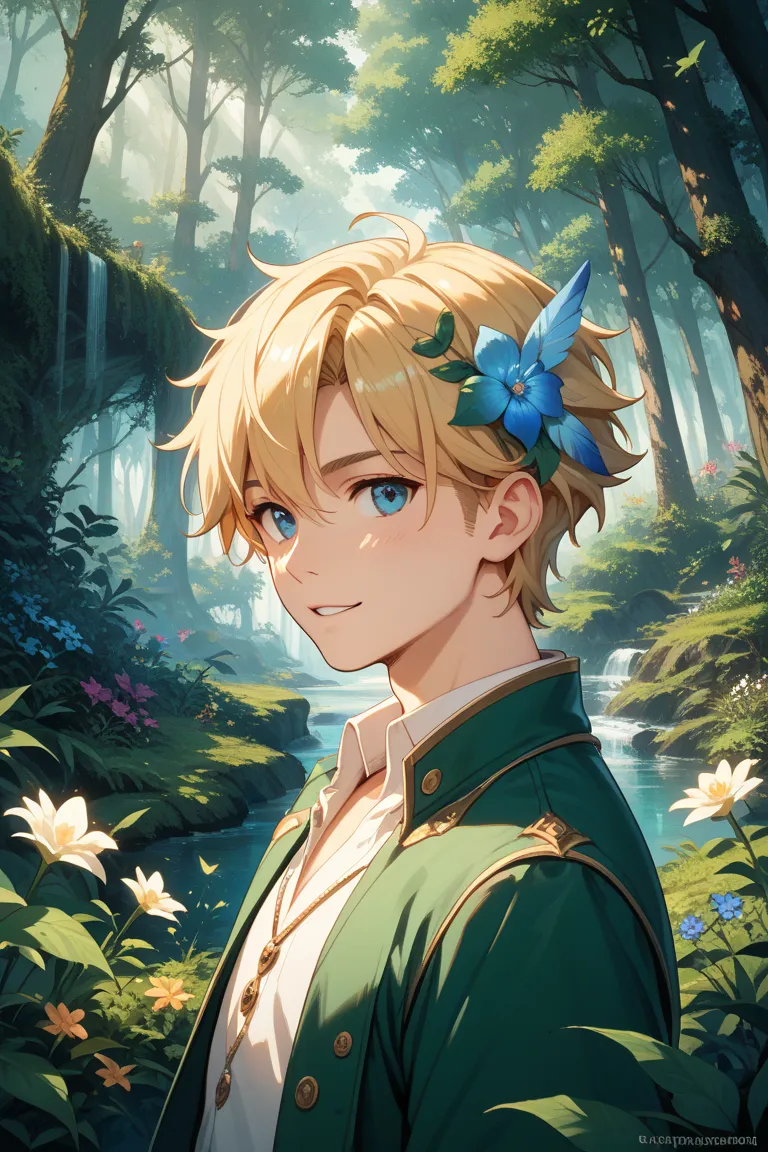 blond  boy with feathers、There is a flower hair ornament on the right