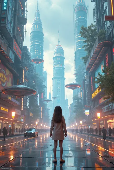 St. Petersburg Street in 2100, a young girl is standing in the center