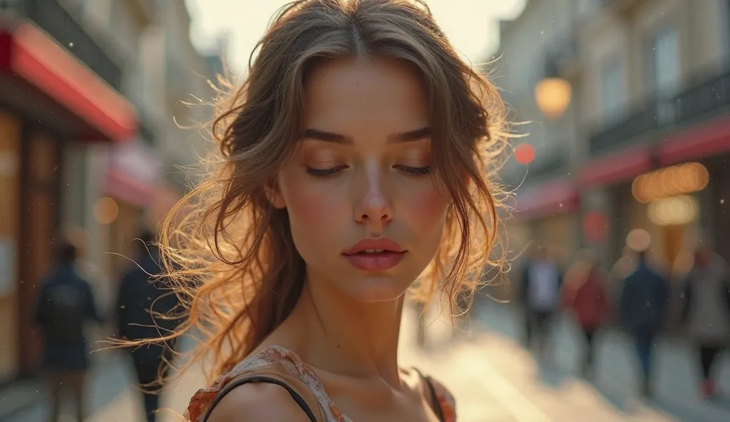 in London,in the morning,cute woman ,her Busts that are visible from me ,closing her eyes,27years old, a portrait by Wayne England, trending on cg society, arabesque,  portrait sophie mudd, gorgeous woman, photo of the beauty gal gadot, portrait of gal gad...