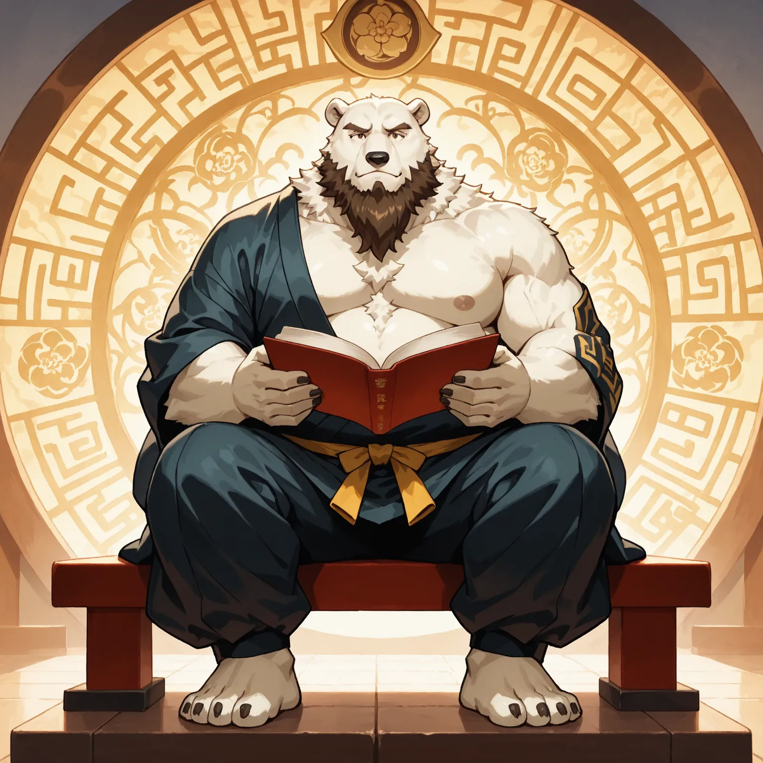 character focus, full body, looking away, dynamic angle, Japanese Zen, buddhist monk, musclegut middle-aged Japanese polar bear man, light smile, buddhist monk costume clothes, kesa, pants, black wear, sit straight, reading buddhist sutra, BREAK full body ...