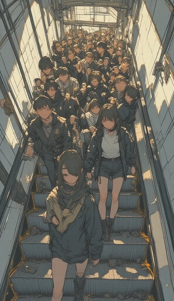 バックパックを背負って escalatorに乗っている女子高生４people,  illustrations of by Yanagawa Nobusada, Tumbler, Happenings,  escalator, Tatsuro Kiuchi, エディトリアル illustrations, School corridor, Go down the stairs, Crowded,  Yangjun Cent , Sachin Ten, Shintaro Kago,  Box n Lin ,  i...