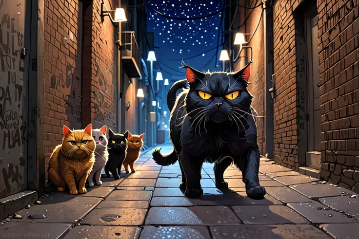 A large  grizzled veteran Grumpy black cat with a scarred eye and whiskers in anl brightly lit by street lamps alley at night under the stars, leading a clowder of alley cats 