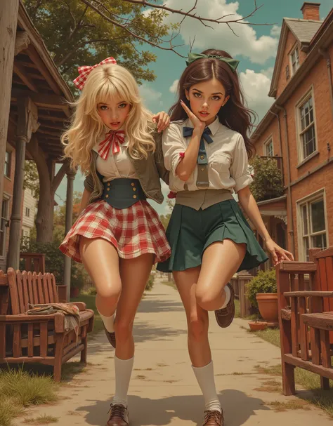 two cute and sexy high-school girls, innocent and charming faces, happy expression, pleated skirts, saddle shoes, looking at the camera and shouting: "STROKE IT BOOMER!", vinatge small town background, Norman Rockwell aesthetic, retro America, classic pinu...