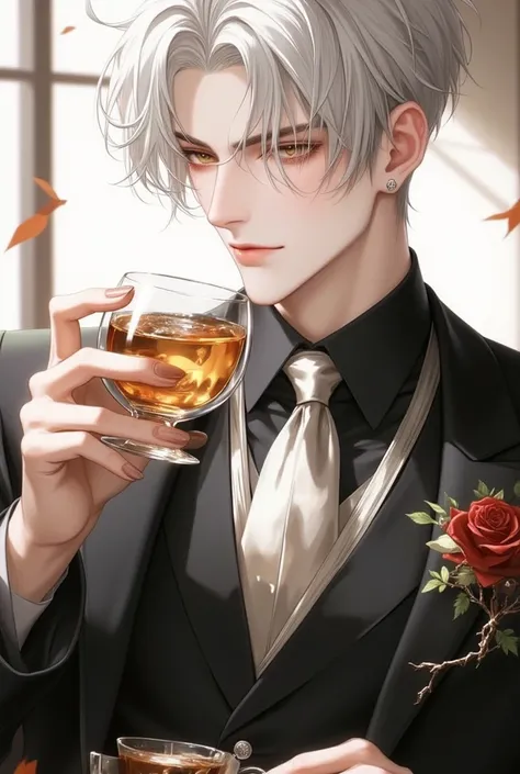  young man,Shirogane short hair,Golden Eyes,Nice and beautiful appearance, graceful and elegant,Drinking tea,masterpiece, anatomically correct, accurate, anatomically correct, TOP QUALITY, very detailed, 