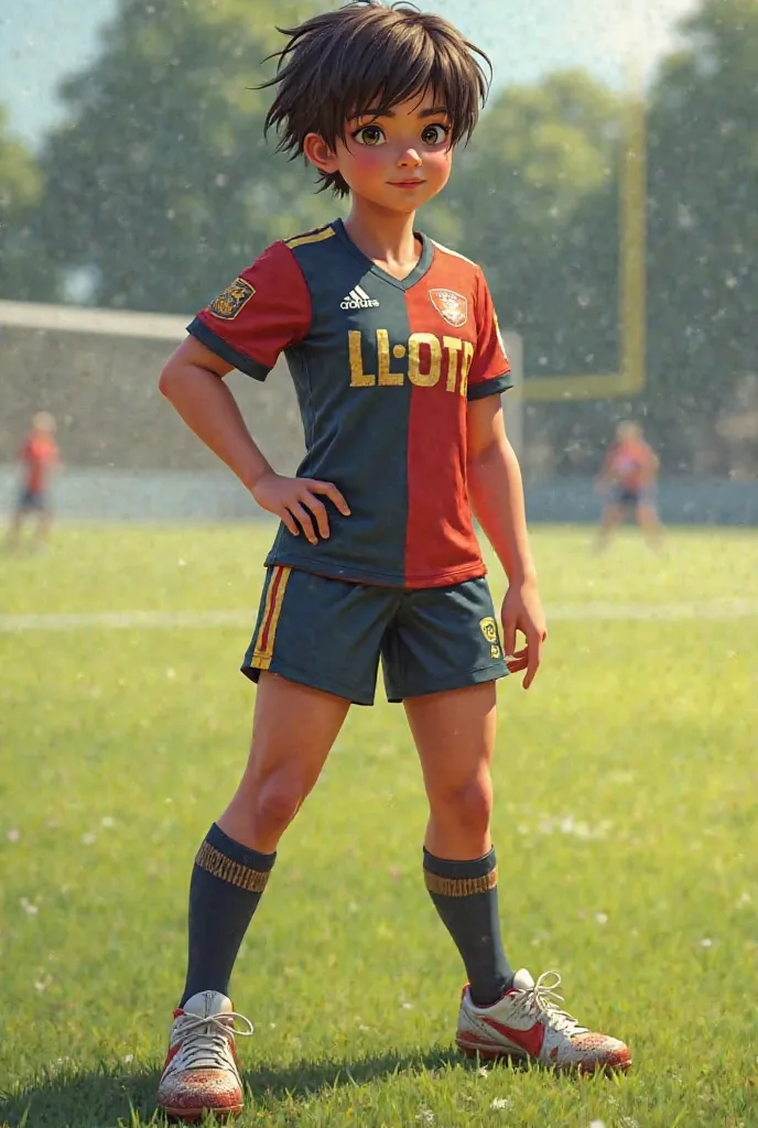 Aarya with short hair and in football gear: An image of her in her football uniform, reflecting her transformation from a girl trying to fit in with the boys to becoming a strong and skilled player.
