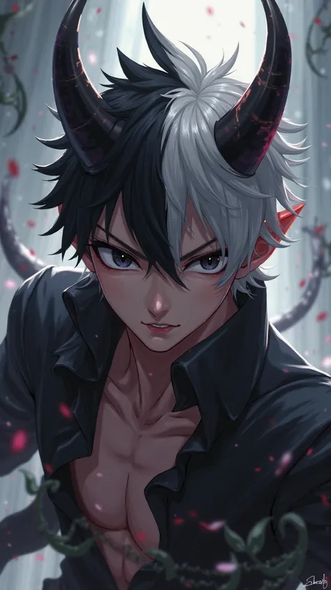 demon masculin 20 ans ,il a des  cheveux  moitier noir et  blanc , cheveux courts,les yeux noir , il a des cornes sur la tete , anime, sexy, se combat 