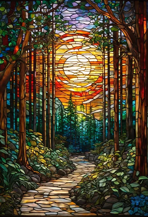 a painting of a  stained glass window of a path through a forest, inspired by Louis Comfort Tiffany,  stained glass art, Detailed Forest , backlit  stained glass,  fire stain glass  ,  stained glass style,  stained glass,  stained glass, maxim verehin  sta...