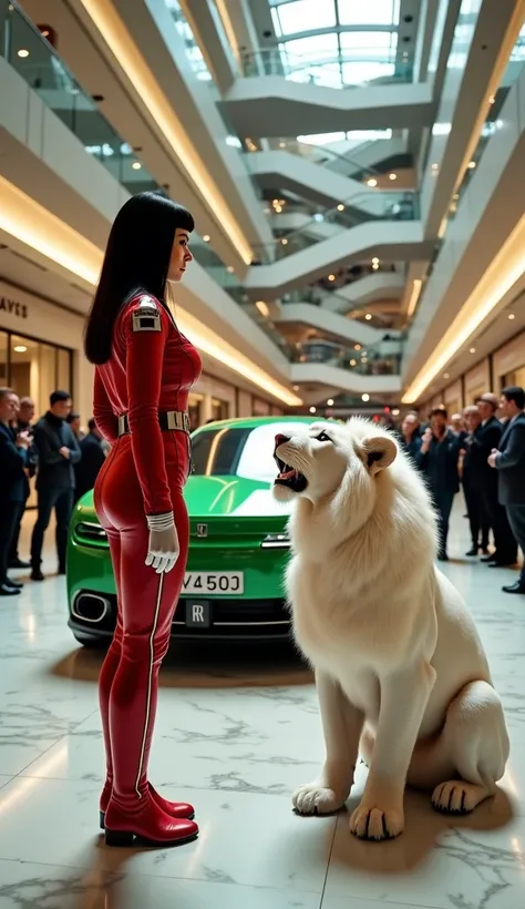 (photorealism:9.16) A beautiful white woman with straight black hair, dressed in a futuristic red military uniform with metallic accents, is standing in front of a green Rolls-Royce Sweptail car on the middle floor of the atrium of a luxurious and magnific...