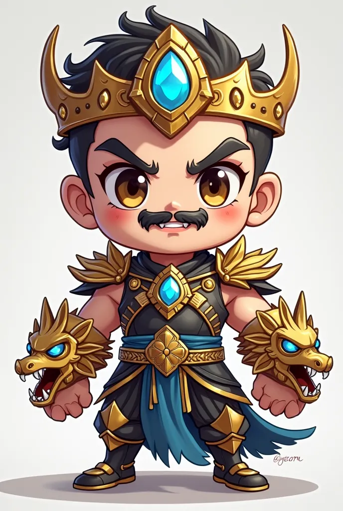 A super deformed chibi-style warrior with a muscular build but exaggerated cute proportions. He has a big head, , and large expressive eyes with a fierce yet adorable expression. His neatly trimmed mustache and sharp eyebrows give him a regal look. He wear...