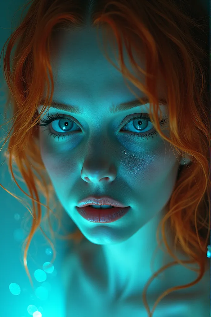 Graphic illustration of a woman with bright red hair and blue eyes, with a blue green light on her face and hair, style reflets 