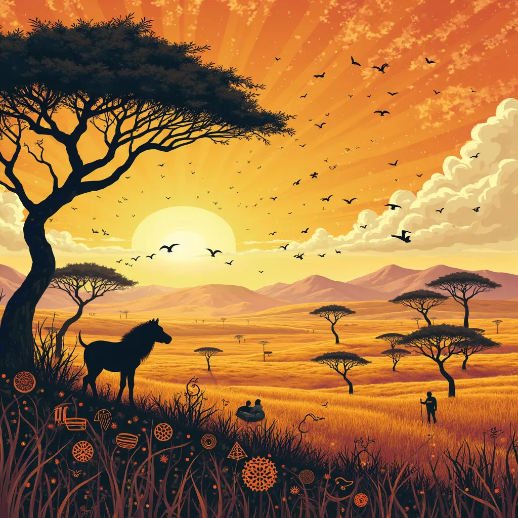 generate for me a 3000x3000 image size music cover artwork. with a theme of Africa, DO NOT INCLUDE ANY PERSON ON IT. illustrate