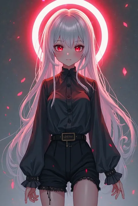 A white-haired, red-eyed anime teenager with a red halo in Sima's head, with black long sleeve blouse and short black shorts