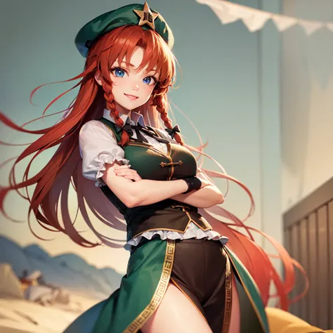 (masterpiece, best quality:1.2), cowboy shot, solo, 1girl, hong meiling, smile, looking at viewer, crossed arms, twin braids, hat, star hat ornament, chinese clothes, vest, puffy short sleeves, (black fingerless gloves:1.1)