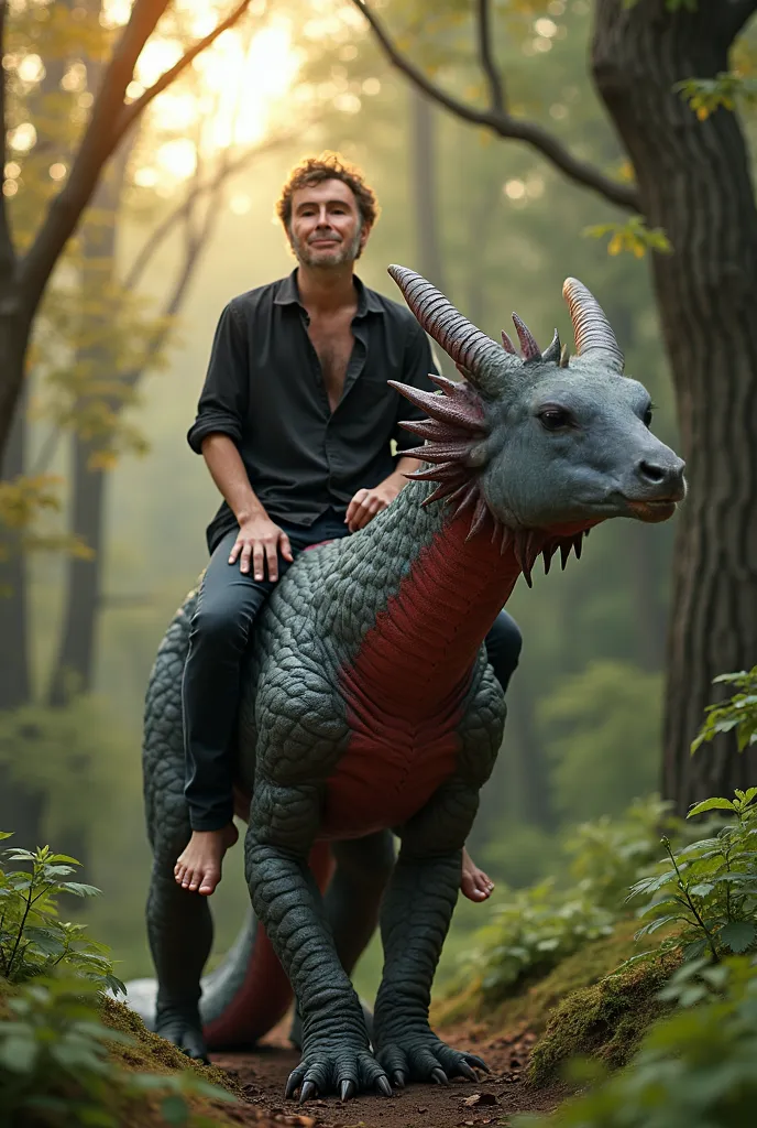 man, smiling, happy, open black shirt, old jeans, bare feet, riding a grey and red dragon, in a deciduous forest, spring, setting sun, high detail, Gothic art, Realism, UHD, retina, textured skin, anatomically correct, high details, highres, 16k, UHD, reti...