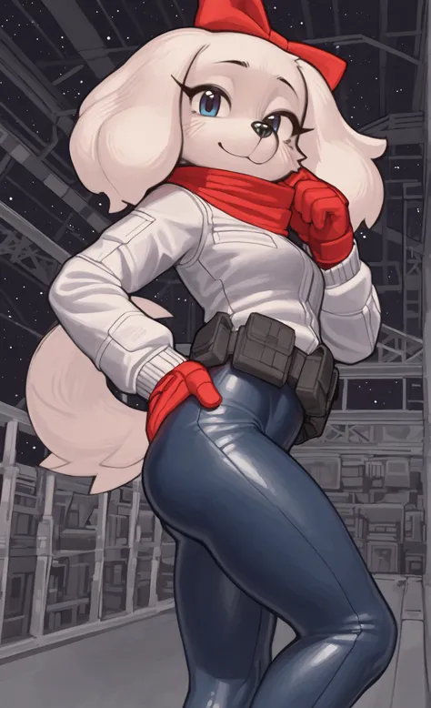 ((Fay Spaniel)), ((Starfox)), ((pixelsketcher)), ((wamudraws)), ((masterpiece)), ((high resolution)), ((solo portrait)) ((side view)), {(attractive figure), (wide hips), (beautiful legs), (white fur), (black nose), (floppy dog ears), (cute blue eyes), (lon...