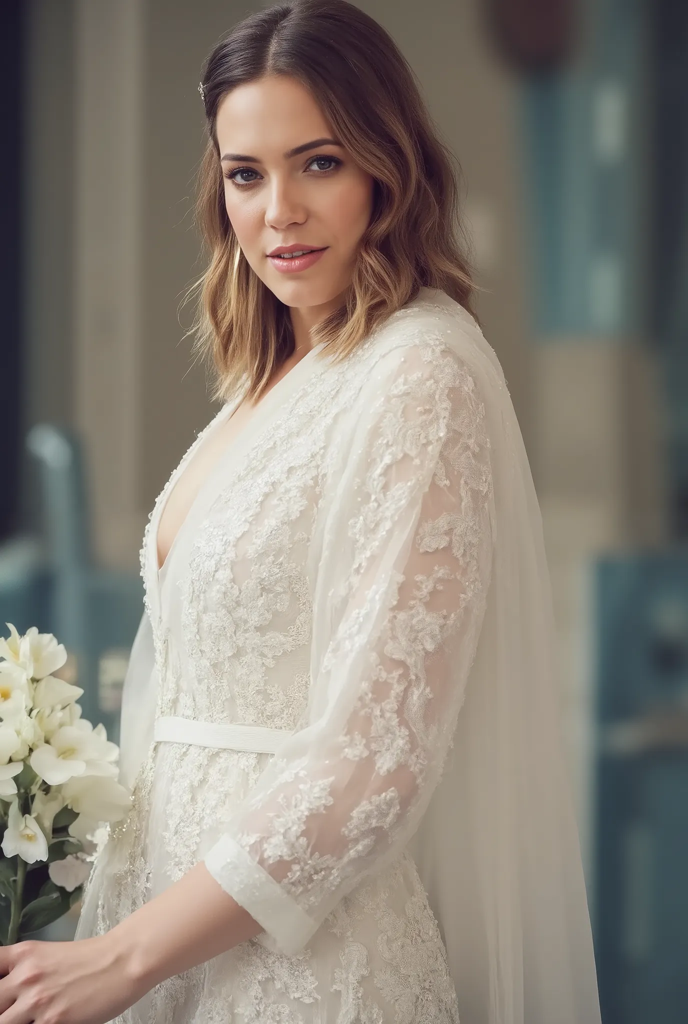 best quality, highres, 8k, masterpiece, photography, detailed midbody photorealistic portrait. Mandy Moore wears a flowing, off-the-shoulder wedding dress with intricate floral embroidery across the bodice and skirt. The dress has a soft, romantic neckline...