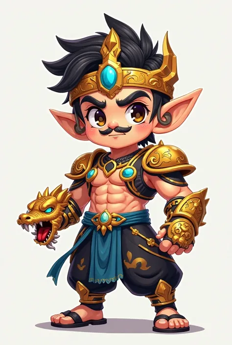 Chibi-style fantasy warrior with a muscular build but exaggerated cute proportions. He has a big head, , and large expressive eyes with a fierce yet adorable expression. His neatly trimmed mustache and sharp eyebrows give him a regal look. He wears black a...