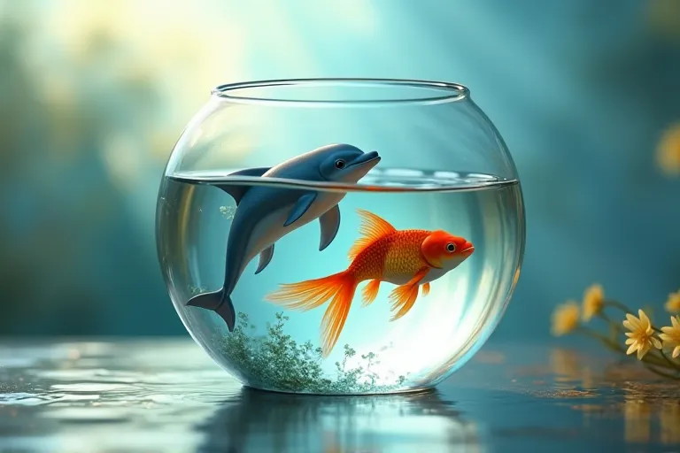 small dolphin and goldfish　Swimming in a fishbowl