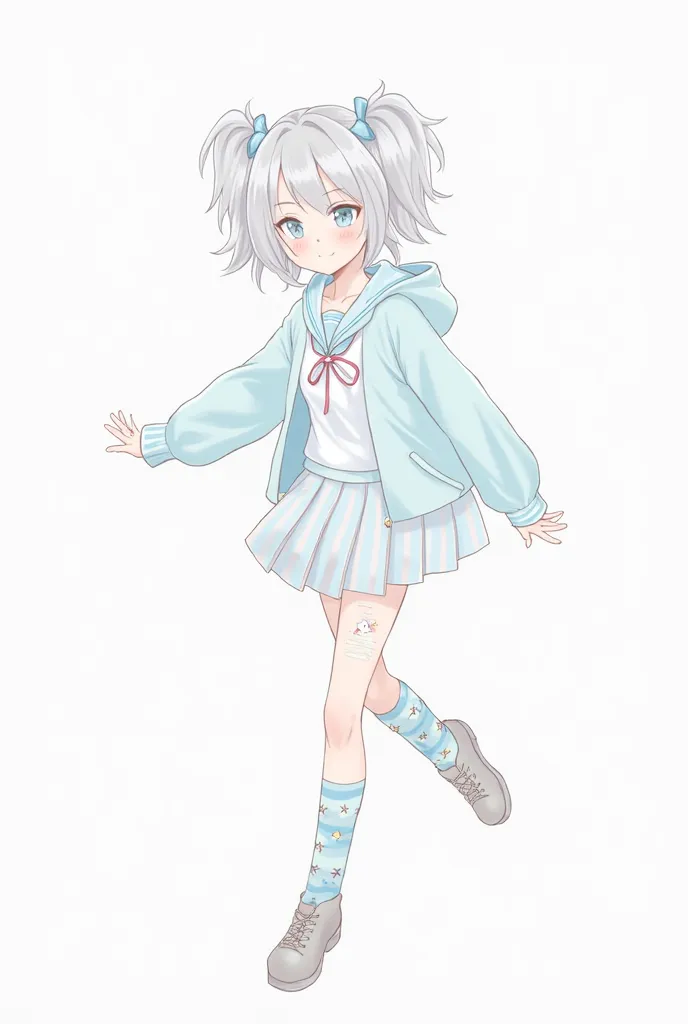 Draw a short hair, silver and white double ponytail，The eyes are also silvery white，Wear a white Japanese school uniform shirt with a tie and a pleated skirt，and a light blue hooded jacket with a star pattern，Wear blue and white striped bubble socks and sm...