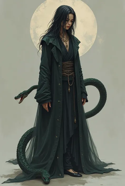 Create a guy with a snake's tail. It is very tall,  He has black hair , and all his clothes(there's a lot of her) out of darker shades, but the clothes should look like that one, what we're wearing right now 