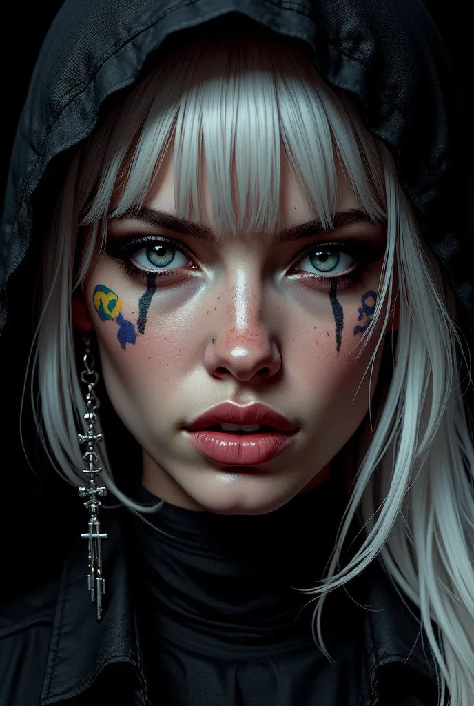 high quality image, close-up of a beautiful woman's face, 8k, 4k, ray tracing, of a beautiful woman, perfect and exotic face. very white hair, very detailed, long and straight, disheveled hair, with bangs, very expressive and inquisitive dark blue-gray eye...