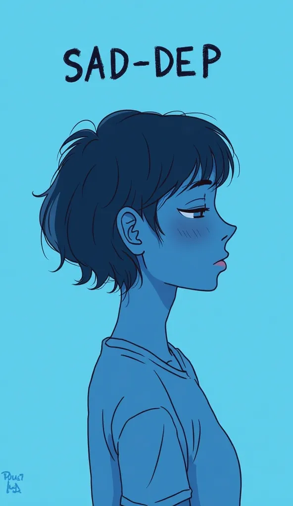 This appears to be an illustration depicting a person in profile view with short dark hair, shown in a blue-tinted art style. The text "SAD-DEP" appears above their head, and their expression appears solemn or melancholic, with their eyes closed. The artwo...